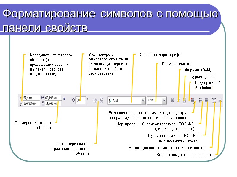 Форматирование символов с помощью панели свойств Координаты текстового объекта (в предыдущих версиях на панели